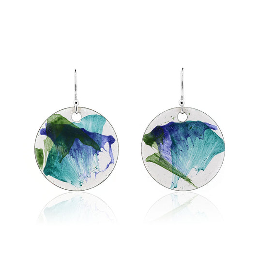 Abstract Blue and Green Large Round Enamel Drop Earrings - Sterling Silver and Copper Drop Earrings