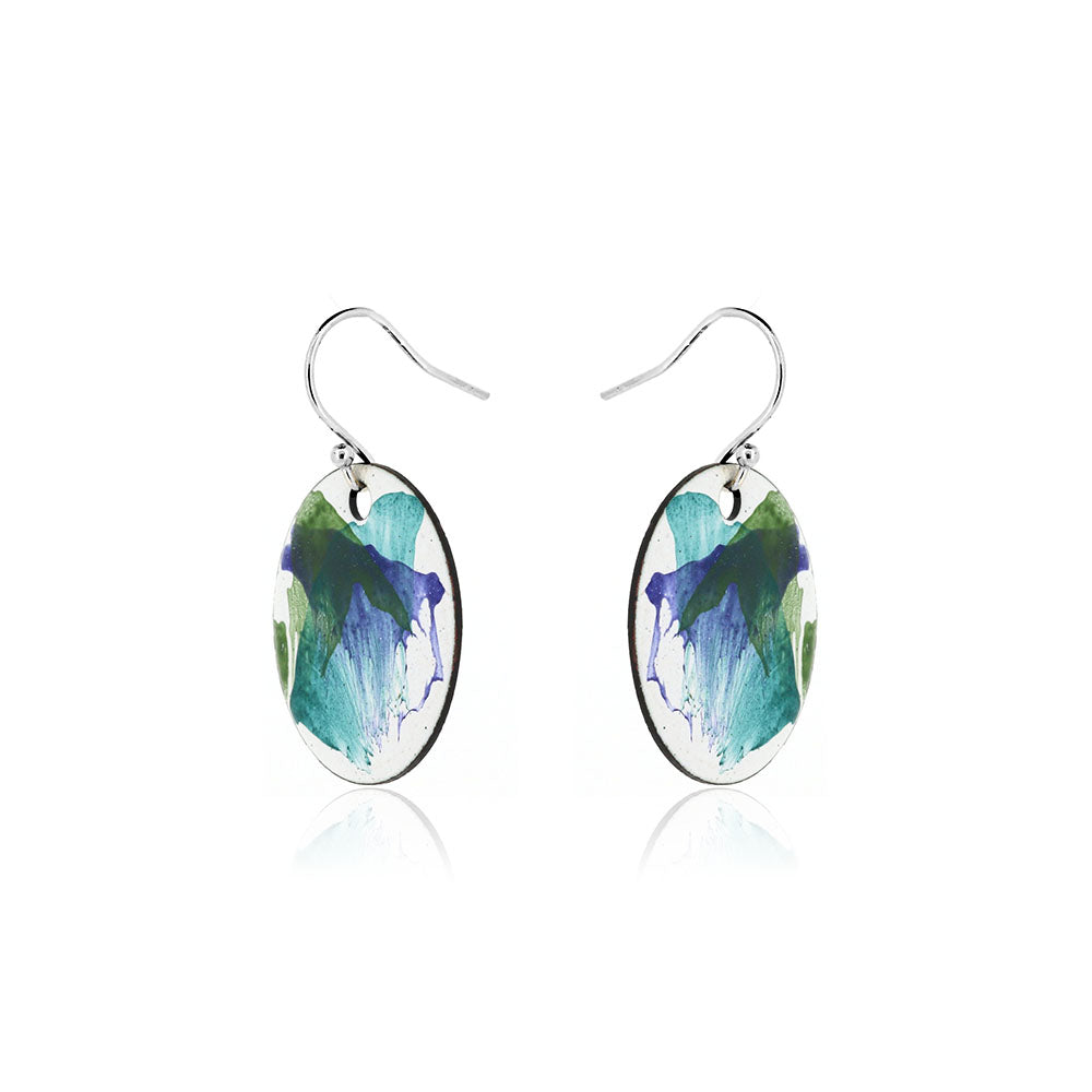 Abstract Blue and Green Large Round Enamel Drop Earrings - Sterling Silver and Copper Drop Earrings