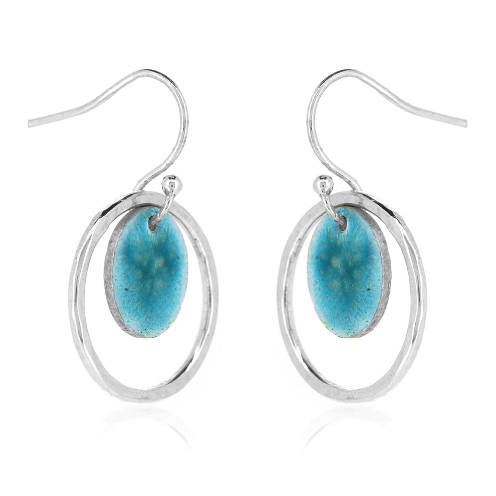 Nebula Turquoise Enamel Circle Drop Earrings - Sterling Silver Drop Earrings