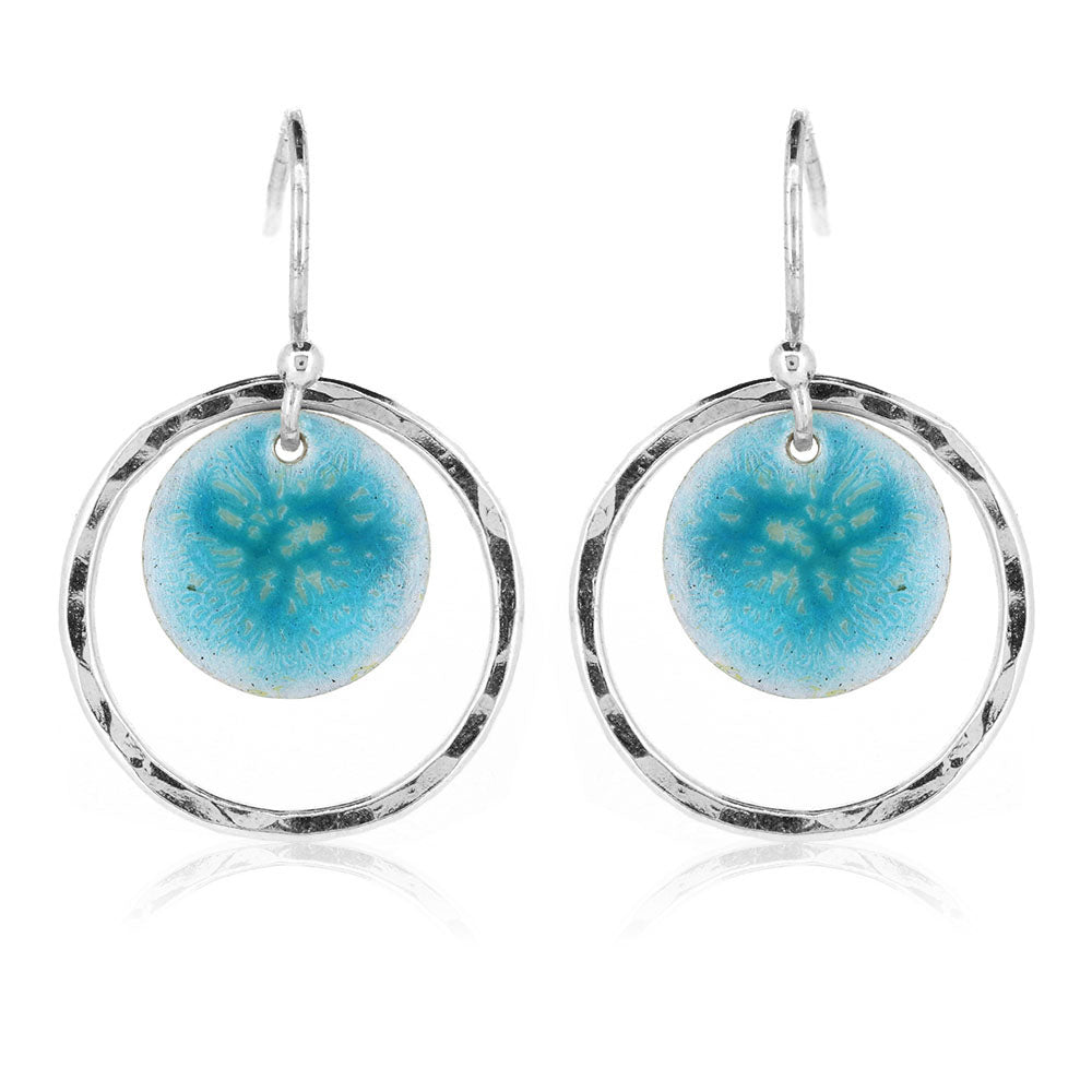 Nebula Turquoise Enamel Circle Drop Earrings - Sterling Silver Drop Earrings