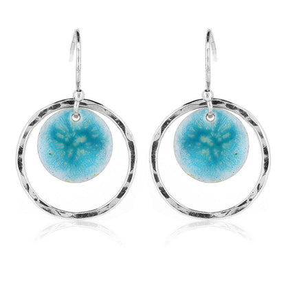 Nebula Turquoise Enamel Circle Drop Earrings - Sterling Silver Drop Earrings