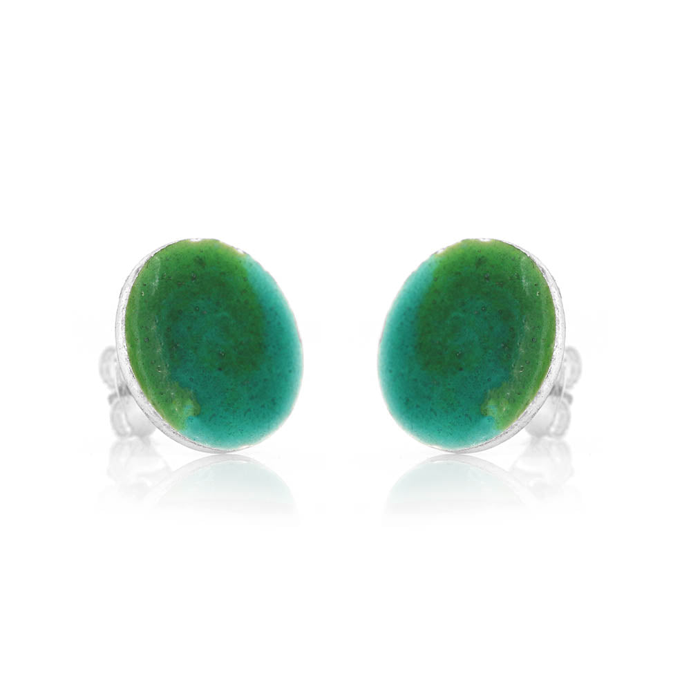Rockpool Enamel Green Mix Large Stud Earrings - Sterling Silver Stud Earrings