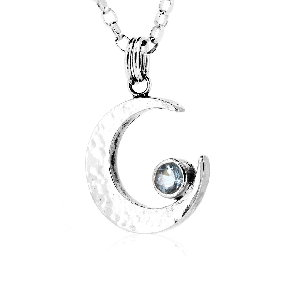 Crescent Moon Blue Topaz Large Necklace - Sterling Silver Necklace