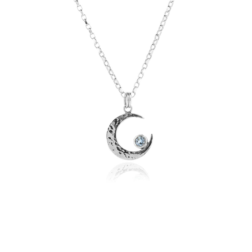 Crescent Moon Blue Topaz Large Necklace - Sterling Silver Necklace