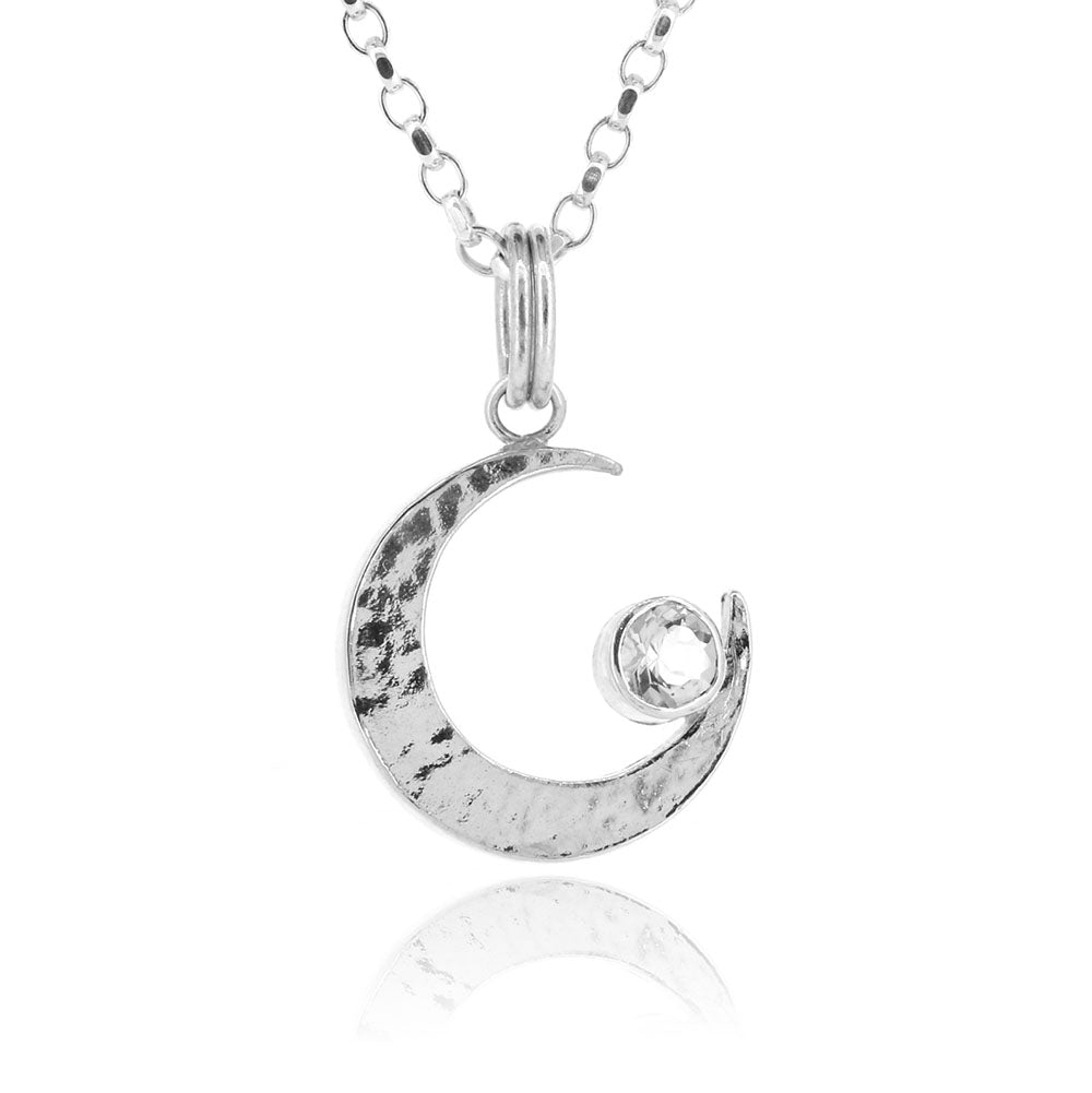 Crescent Moon Rock Crystal Large Necklace - Sterling Silver Necklace