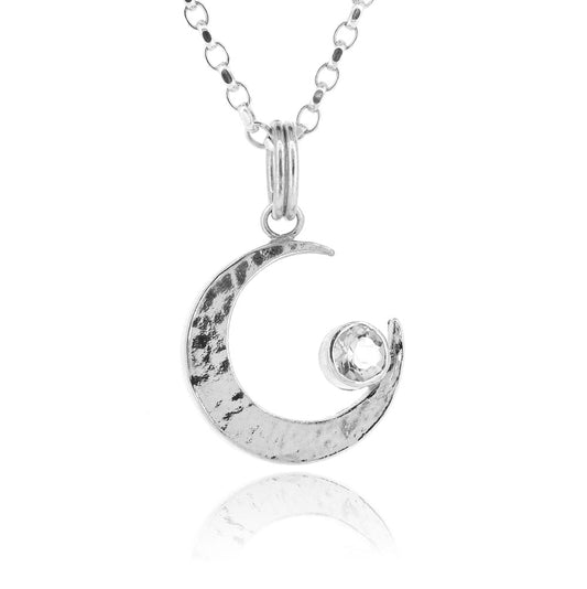Crescent Moon Rock Crystal Large Necklace - Sterling Silver Necklace