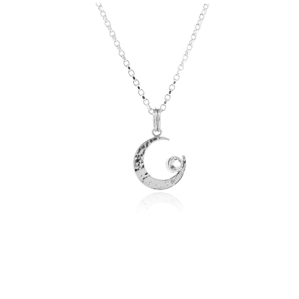 Crescent Moon Rock Crystal Large Necklace - Sterling Silver Necklace
