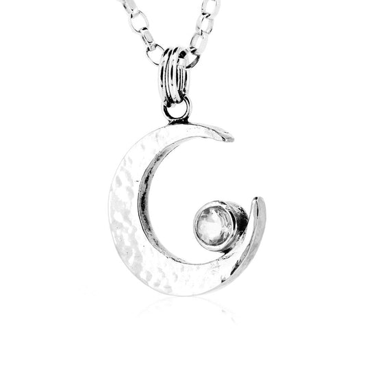 Crescent Moon Rock Crystal Large Necklace - Sterling Silver Necklace