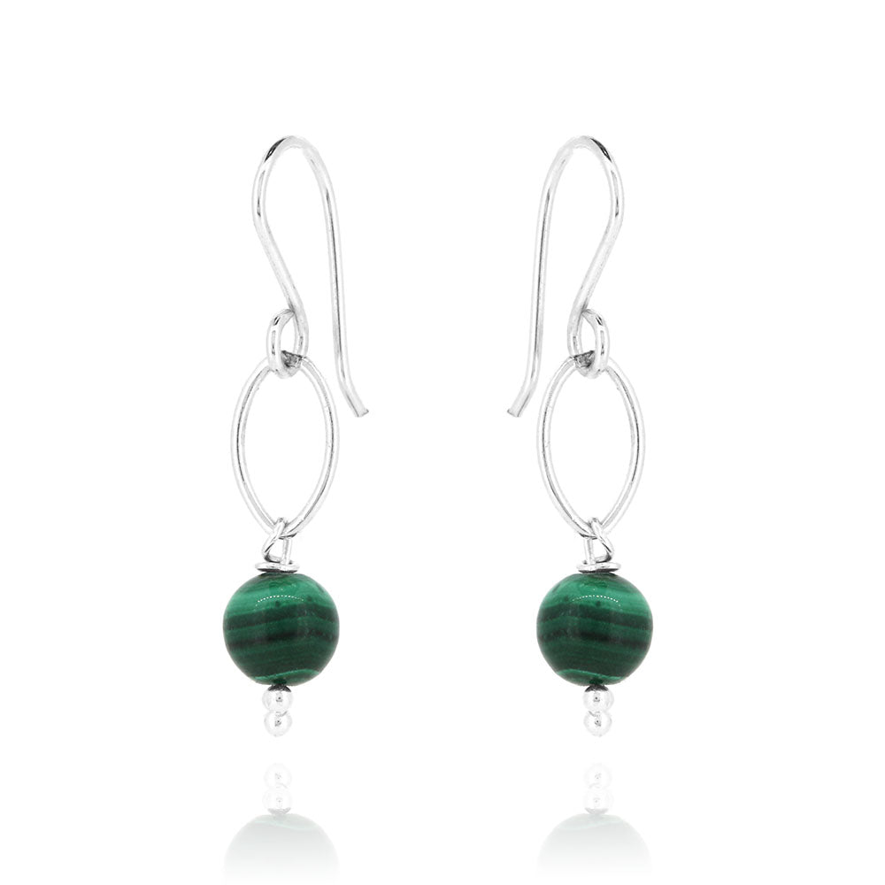 Navette Malachite Drop Earrings - Sterling Silver Drop Earrings