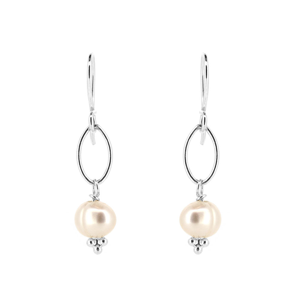 Navette White Freshwater Pearl Drop Earrings - Sterling Silver Drop Earrings