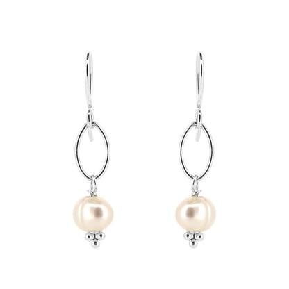 Navette White Freshwater Pearl Drop Earrings - Sterling Silver Drop Earrings