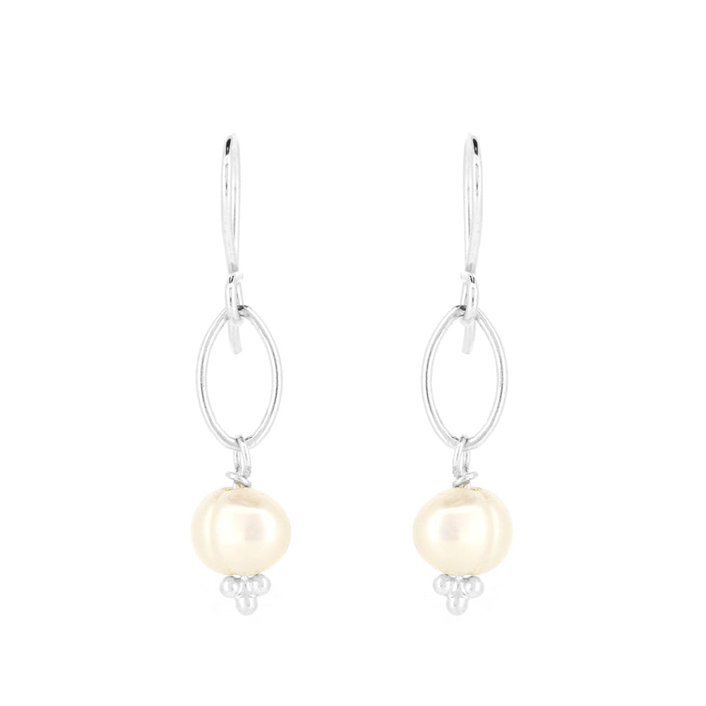 Navette White Freshwater Pearl Drop Earrings - Sterling Silver Drop Earrings