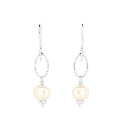 Navette White Freshwater Pearl Drop Earrings - Sterling Silver Drop Earrings