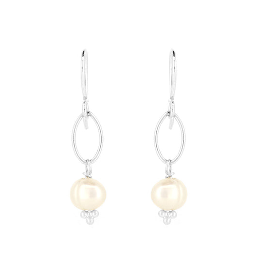 Navette White Freshwater Pearl Drop Earrings - Sterling Silver Drop Earrings
