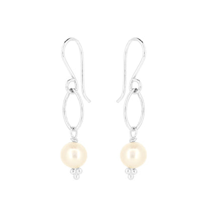 Navette White Freshwater Pearl Drop Earrings - Sterling Silver Drop Earrings
