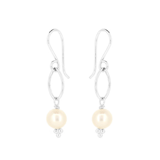Navette White Freshwater Pearl Drop Earrings - Sterling Silver Drop Earrings