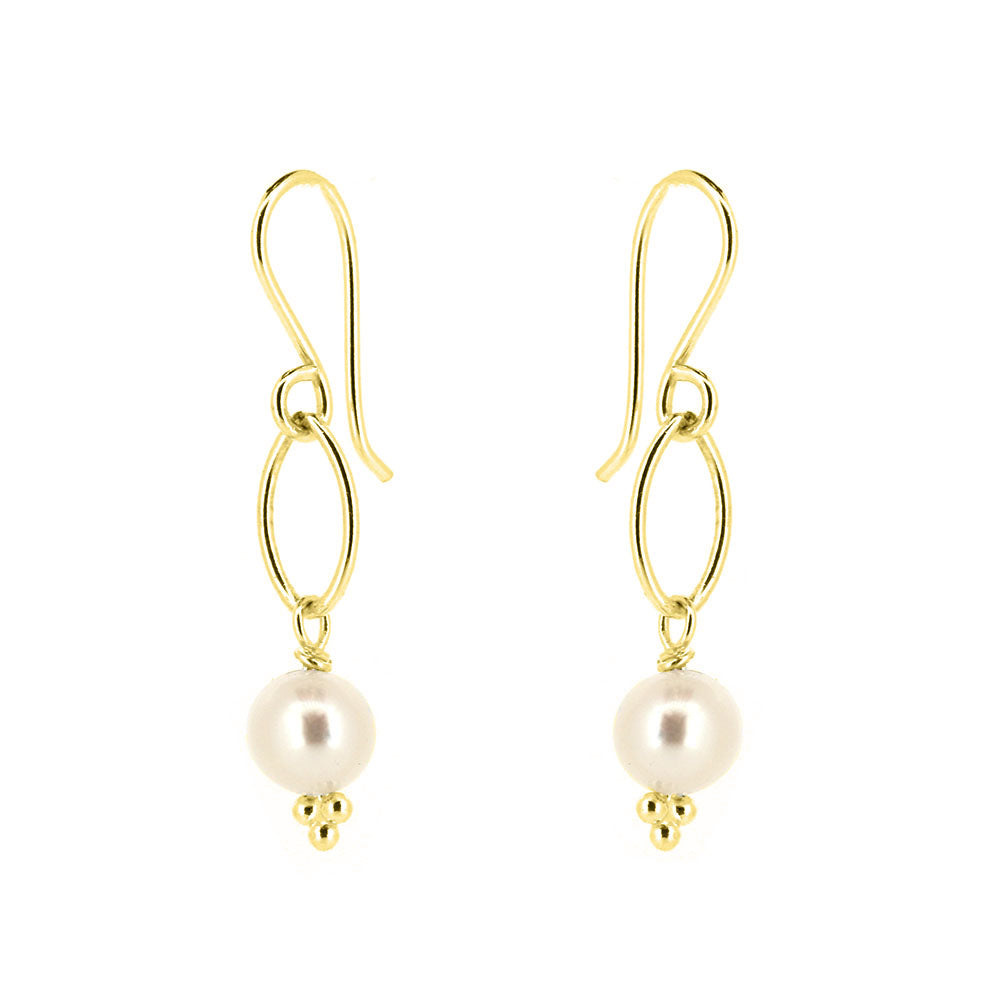 Navette White Freshwater Pearl Drop Earrings - Yellow Gold Vermeil Drop Earrings