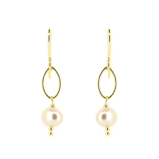 Navette White Freshwater Pearl Drop Earrings - Yellow Gold Vermeil Drop Earrings
