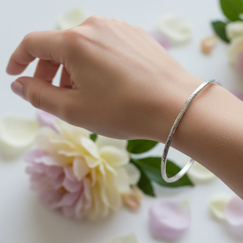 Esther Dappled Stacking Bangle - 3mm Width - Sterling Silver - Large