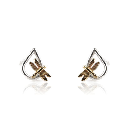 Raindrop Dragonfly Stud Earrings - 9ct Yellow Gold and Sterling Silver Stud Earrings
