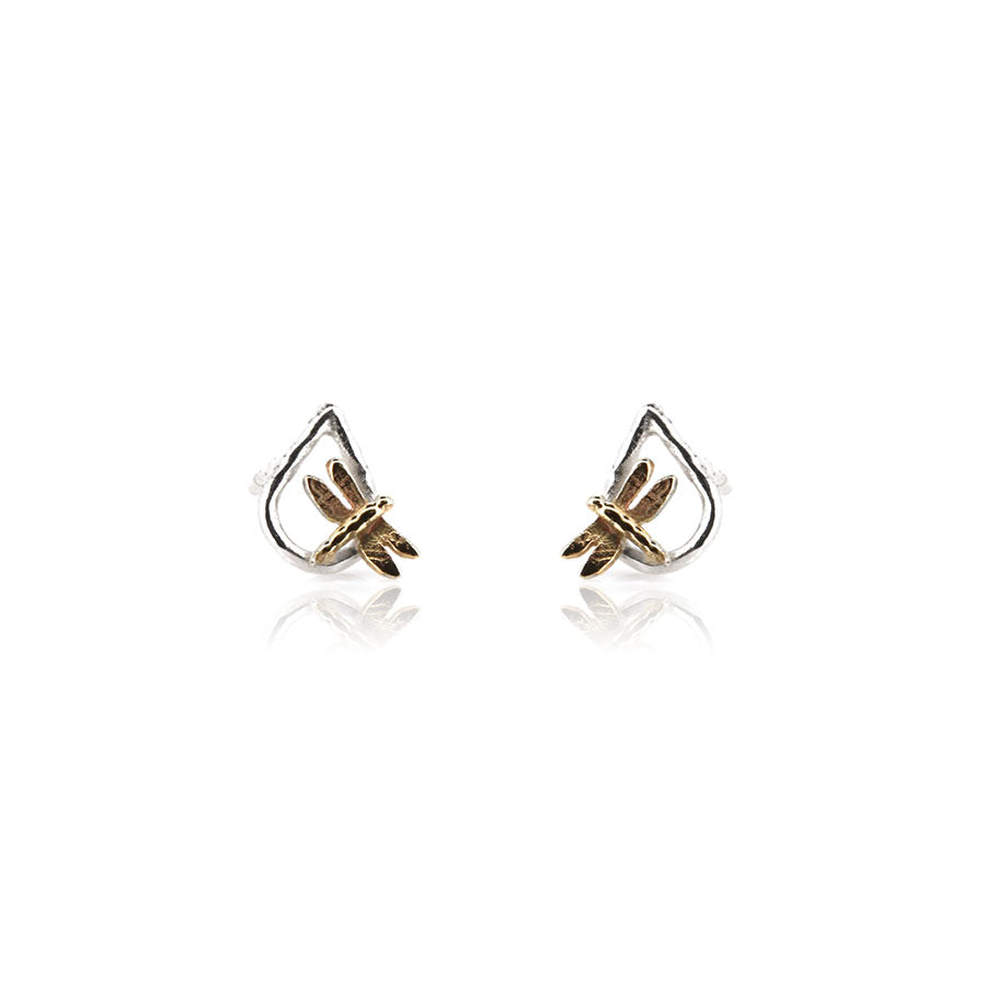 Raindrop Dragonfly Stud Earrings - 9ct Yellow Gold and Sterling Silver Stud Earrings