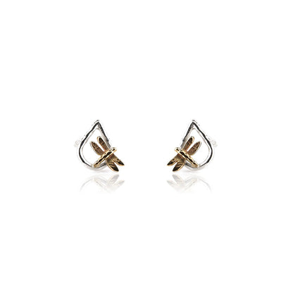 Raindrop Dragonfly Stud Earrings - 9ct Yellow Gold and Sterling Silver Stud Earrings