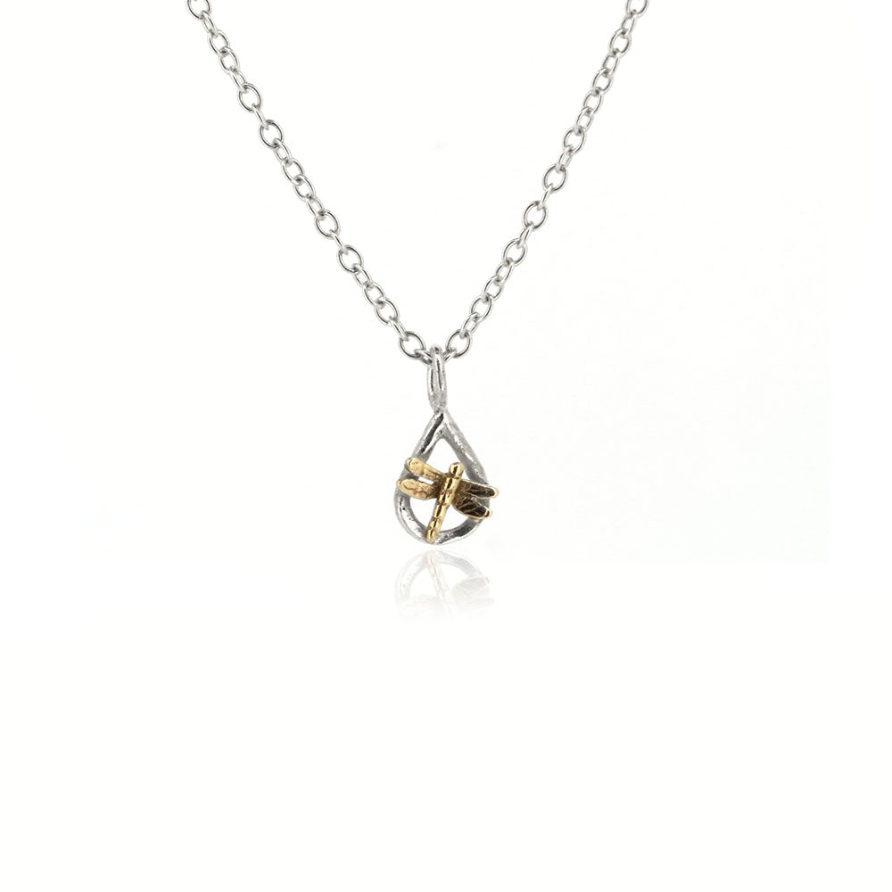 Raindrop Dragonfly Tiny Necklace - 9ct Yellow Gold and Sterling Silver Necklace