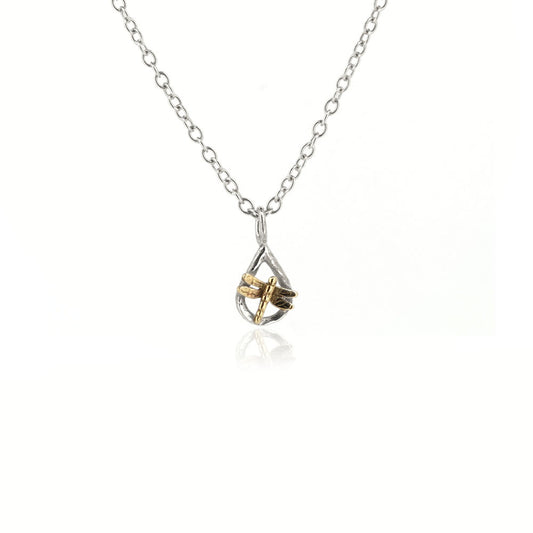 Raindrop Dragonfly Tiny Necklace - 9ct Yellow Gold and Sterling Silver Necklace