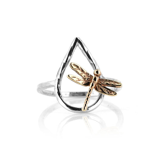 Raindrop Dragonfly Ring - 9ct Yellow Gold And Sterling Silver Rings