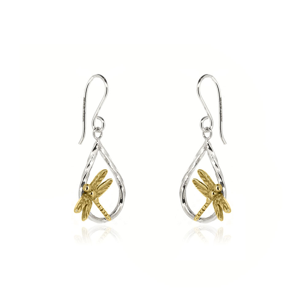 Raindrop Dragonfly Large Drop Earrings - 9ct Yellow Gold and Sterling Silver Drop Earrings