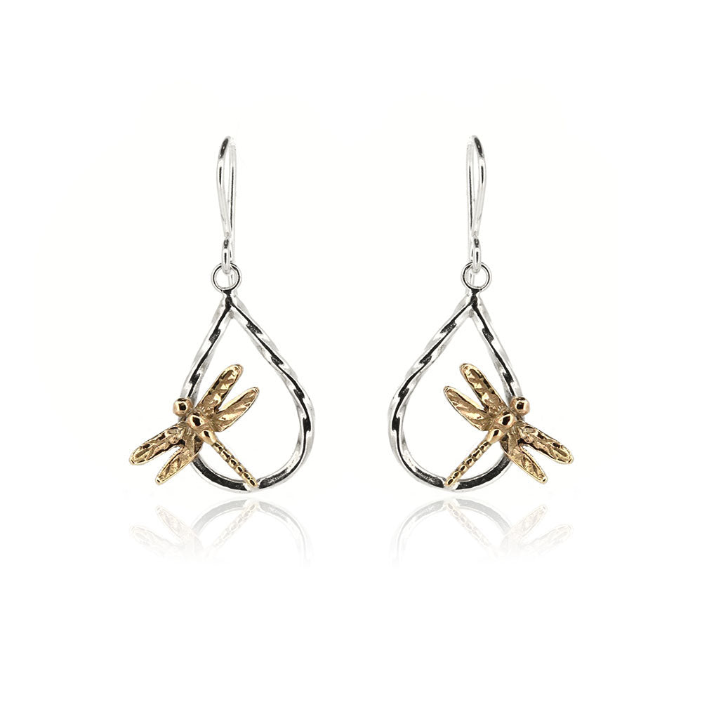 Raindrop Dragonfly Large Drop Earrings - 9ct Yellow Gold and Sterling Silver Drop Earrings