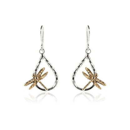 Raindrop Dragonfly Large Drop Earrings - 9ct Yellow Gold and Sterling Silver Drop Earrings