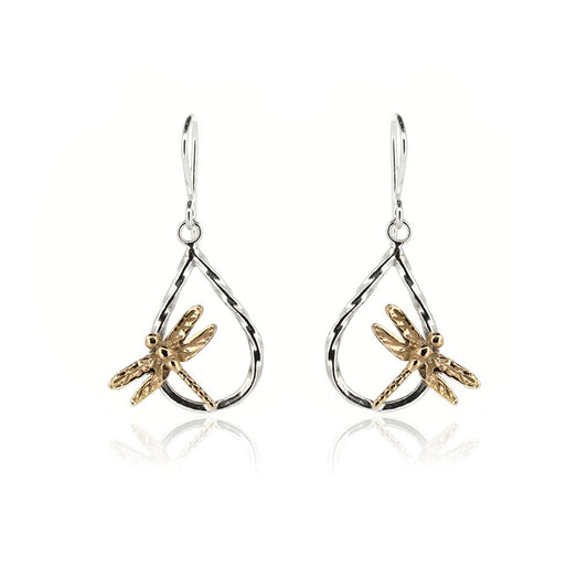 Raindrop Dragonfly Large Drop Earrings - 9ct Yellow Gold and Sterling Silver Drop Earrings