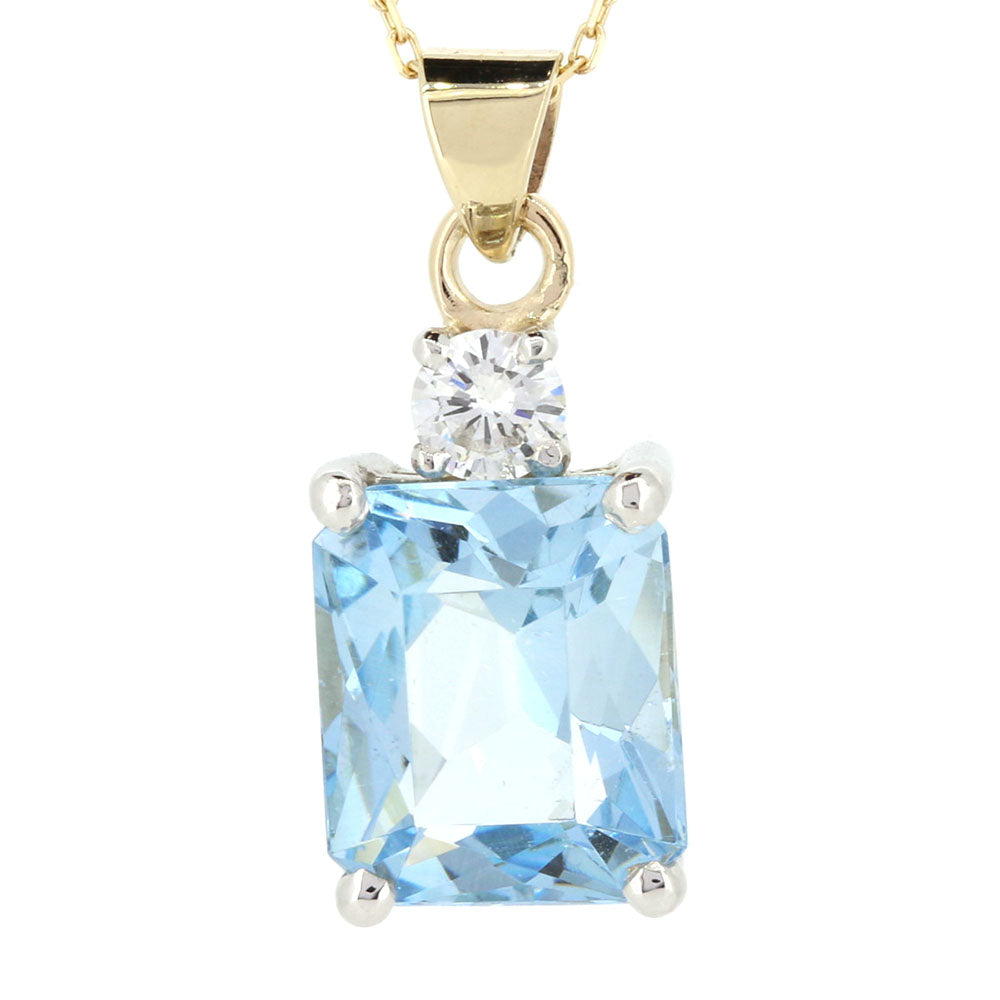 The final bespoke piece of the Aquamarine, Diamond and 9ct Yellow Gold Pendant with a 9ct White Gold Setting. Remodelled using our customers 9ct, Aquarmarine Bar Brooch and White Gold Diamond Solitaire necklace, at Golden Snowdrop the jewellers in Shaftesbury, near Wincanton