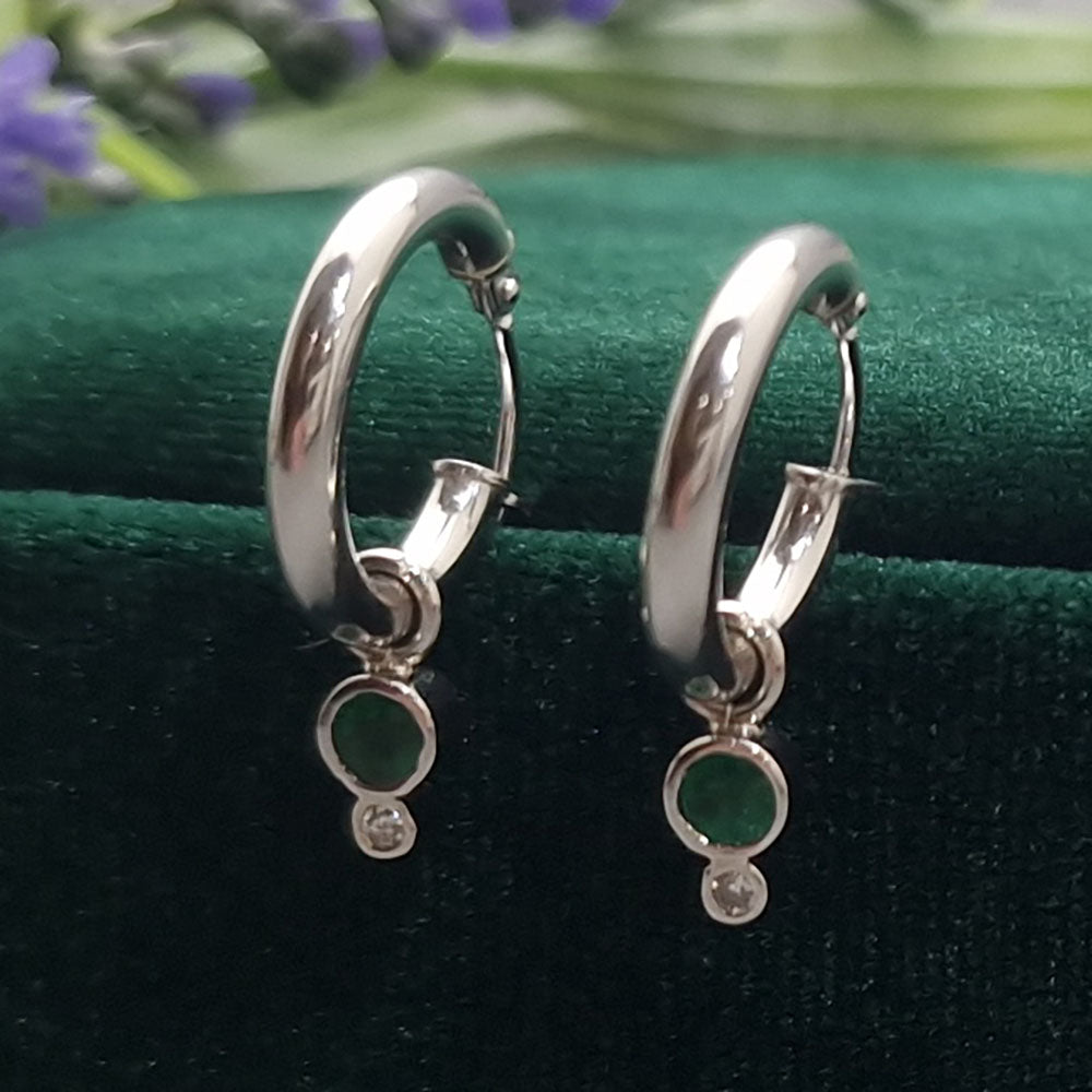 Bespoke Emerald and Diamond Charm Droppers in 9ct White Gold. Remodelled from our customers Original Clip On Earring at Golden Snowdrop, the jewellers in Shaftesbury, near Wincanton. 