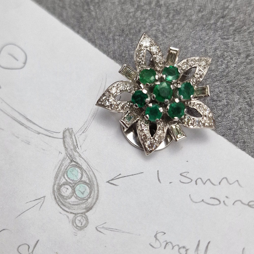 Hand drawn design, by our jeweller, designer and gemologist Stephanie of the Emerald and Diamond Pendant in Platinum. Remodelled from our Customer’s Original Clip On Earring at Golden Snowdrop, the jewellers in Shaftesbury, near Wimborne. 
