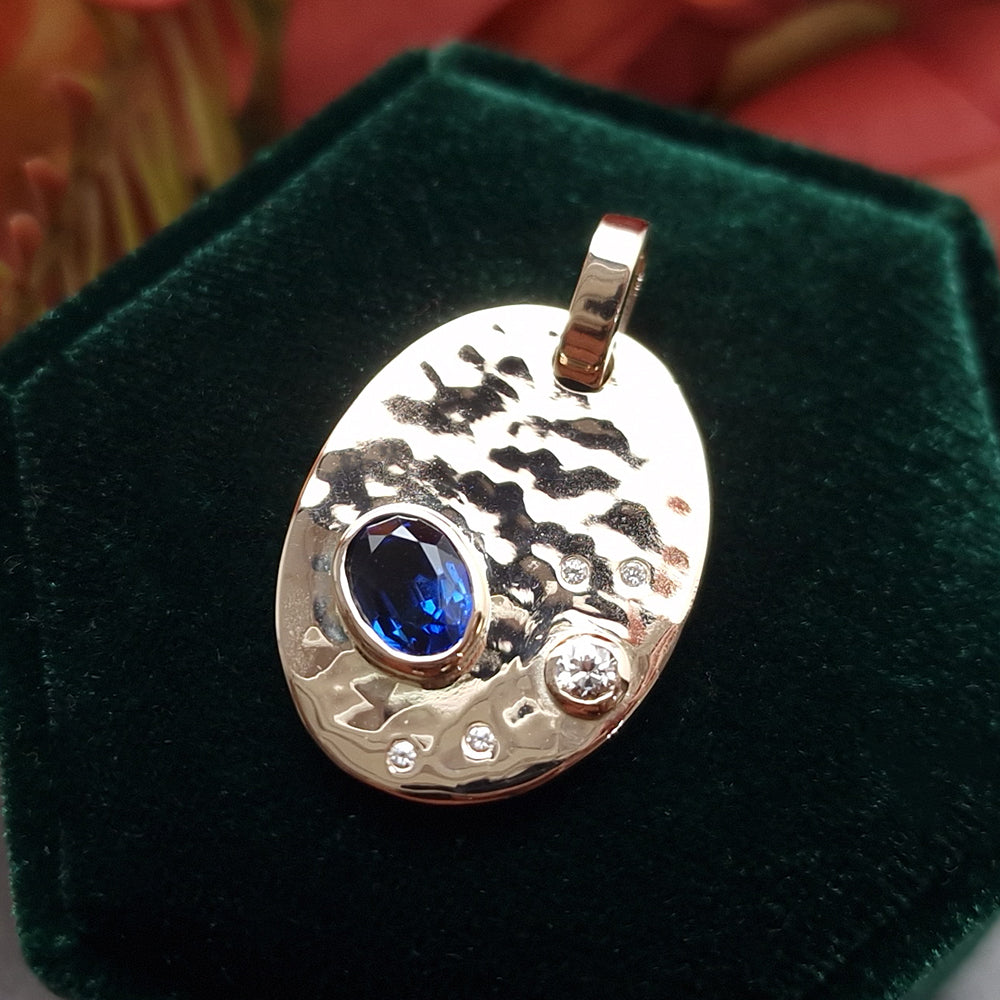 Bespoke Synthetic Sapphire and Diamond Yellow Gold Pendant. Remodelled and handmade from our customers old gold at Golden Snowdrop, the jewellers in Shaftesbury, near Semley. 
