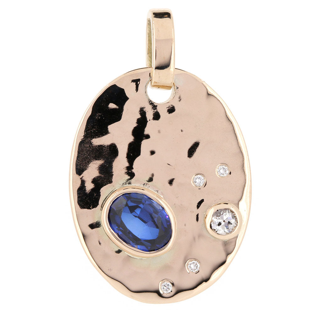 The final bespoke piece, a Synthetic Sapphire and Diamond Yellow Gold Pendant. Remodelled and handmade from our customers' old gold at Golden Snowdrop, the jewellers in Shaftesbury, near Motcombe. 