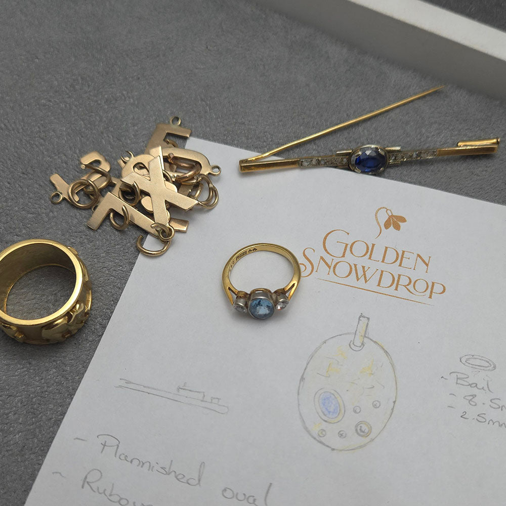 Hand drawn design, by our jeweller, designer and gemologist Stephanie of Synthetic Sapphire and Diamond Yellow Gold Pendant. Remodelled and handmade from our customers old gold, at Golden Snowdrop the jewellers in Shaftesbury, near Gillingham. 