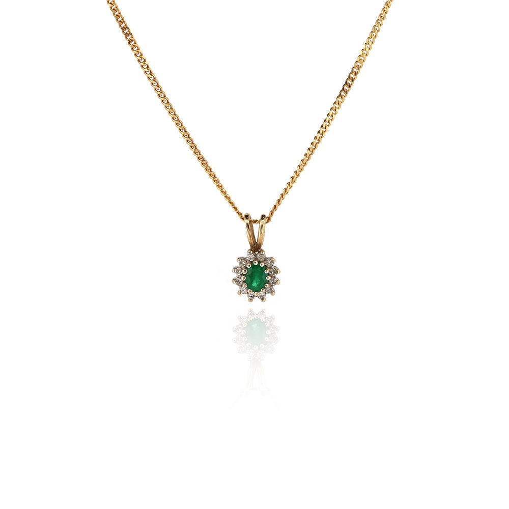 Pre-Owned - Emerald and Diamond Cluster Pendant and Chain
