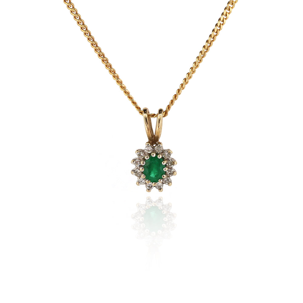 Pre-Owned - Emerald and Diamond Cluster Pendant and Chain