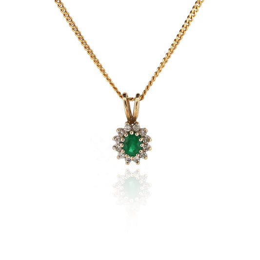 Pre-Owned - Emerald and Diamond Cluster Pendant and Chain