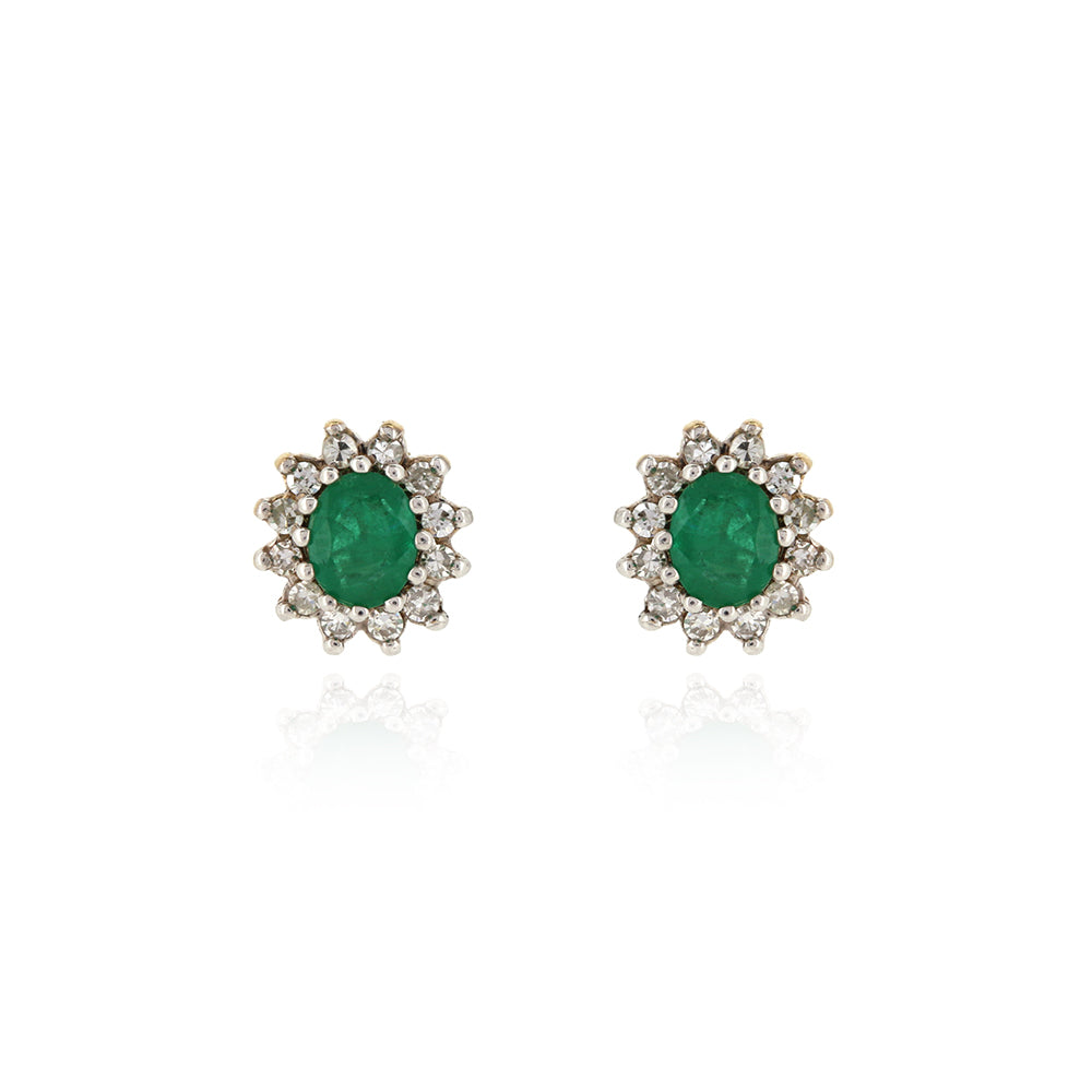 Pre-Owned - Emerald and Diamond Cluster Stud Earrings