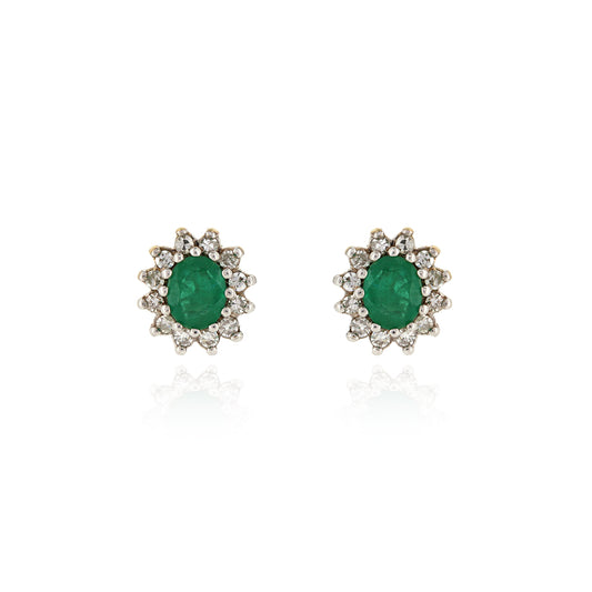 Pre-Owned - Emerald and Diamond Cluster Stud Earrings