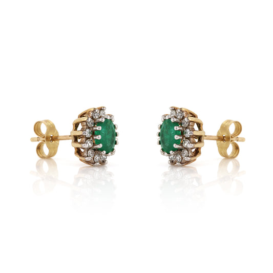 Pre-Owned - Emerald and Diamond Cluster Stud Earrings
