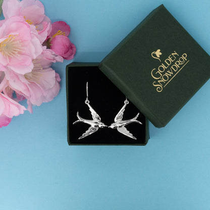 Large swallow drop earrings in sterling silver displayed in jewellery box | Golden Snowdrop