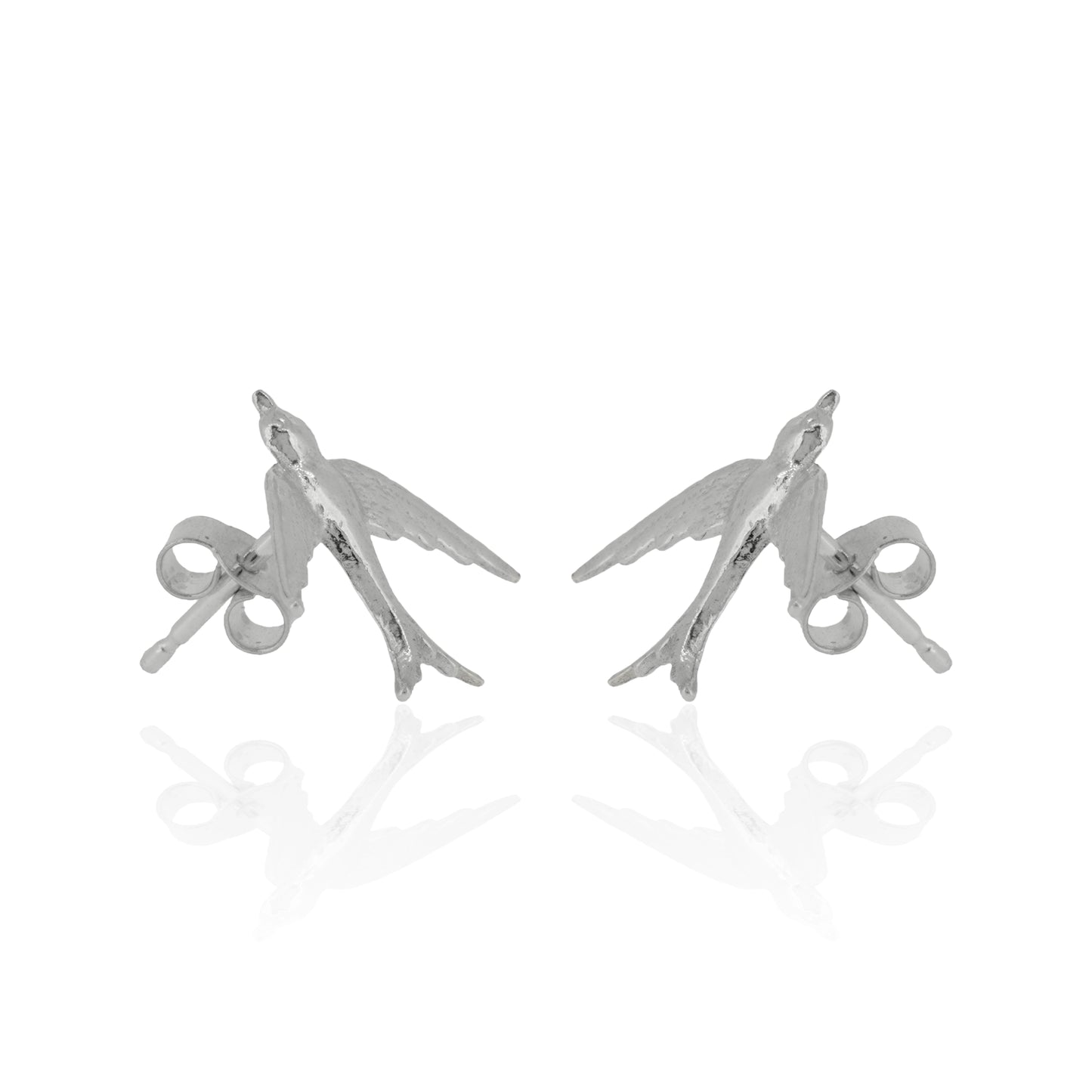 Silver bird-shaped earrings on a white background at 45 degrees