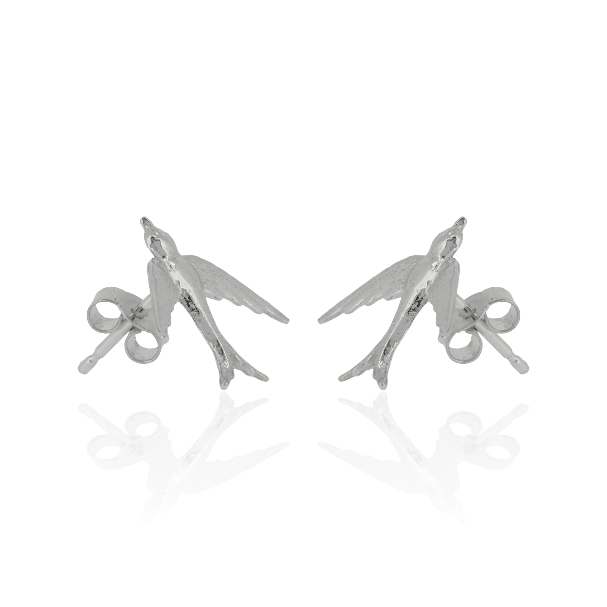 Silver bird-shaped earrings on a white background at 45 degrees