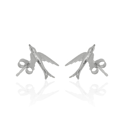 Silver bird-shaped earrings on a white background at 45 degrees