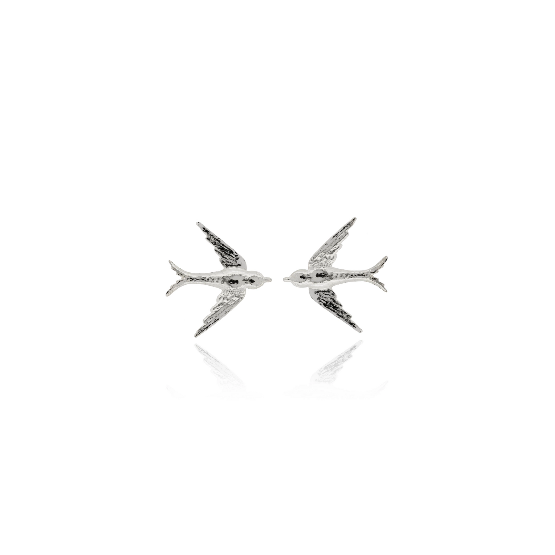 Pair of silver bird-shaped earrings on a white background